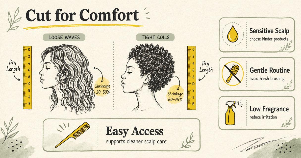 Annotated diagram showing curl pattern, dry length, and scalp comfort choices for a better cut.