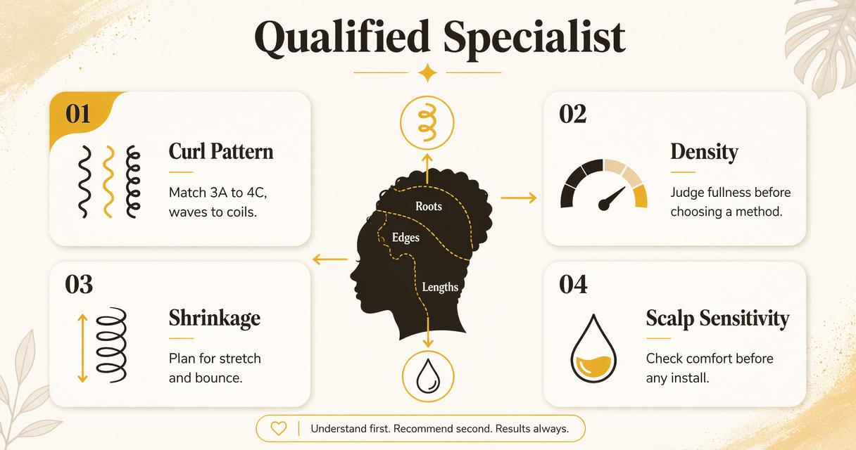 Infographic of a qualified curly hair extensionist checking curl pattern, density, shrinkage, and scalp sensitivity.
