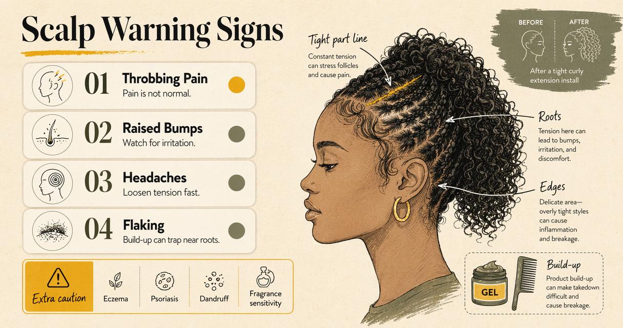 Annotated scalp diagram showing pain, bumps, headaches, flaking, and sensitivity warnings for tight curly extensions.