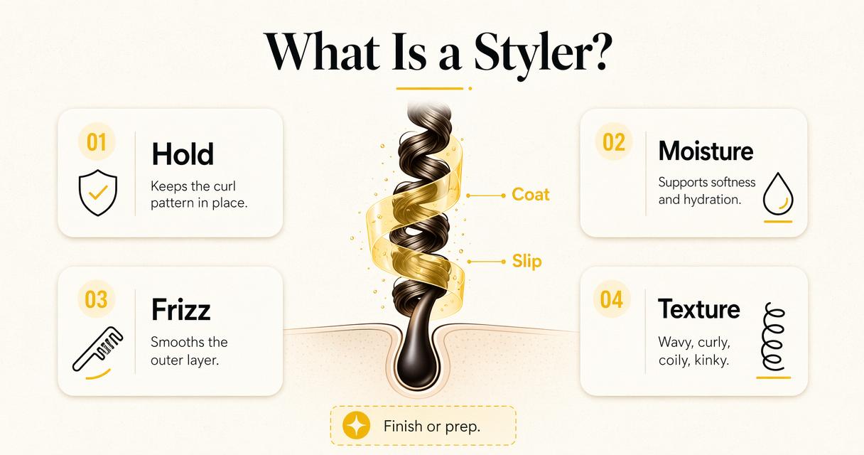 Infographic explaining what a curly hair styler does for hold, moisture, and frizz