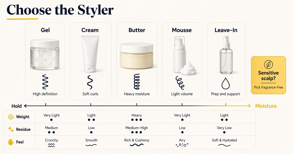 Comparison chart of gels, creams, butters, mousses, and leave-ins for curly hair