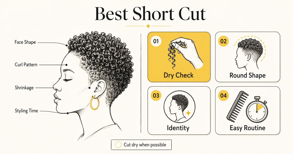 Annotated infographic for choosing a short natural haircut by curl pattern and routine.