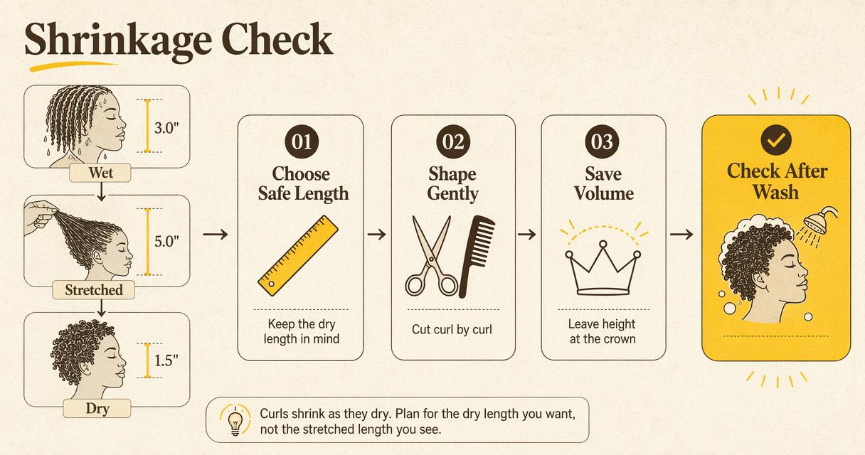 Step-by-step infographic showing how shrinkage affects short curly haircut results.