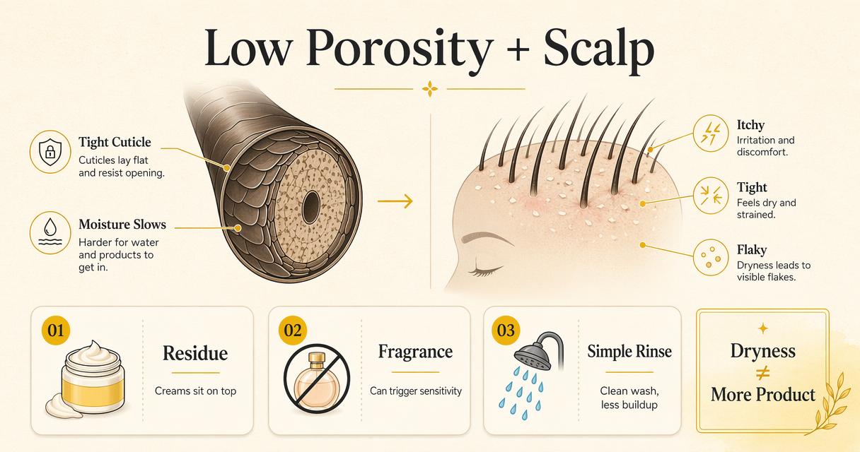 Infographic explaining low porosity hair and sensitive scalp symptoms and buildup