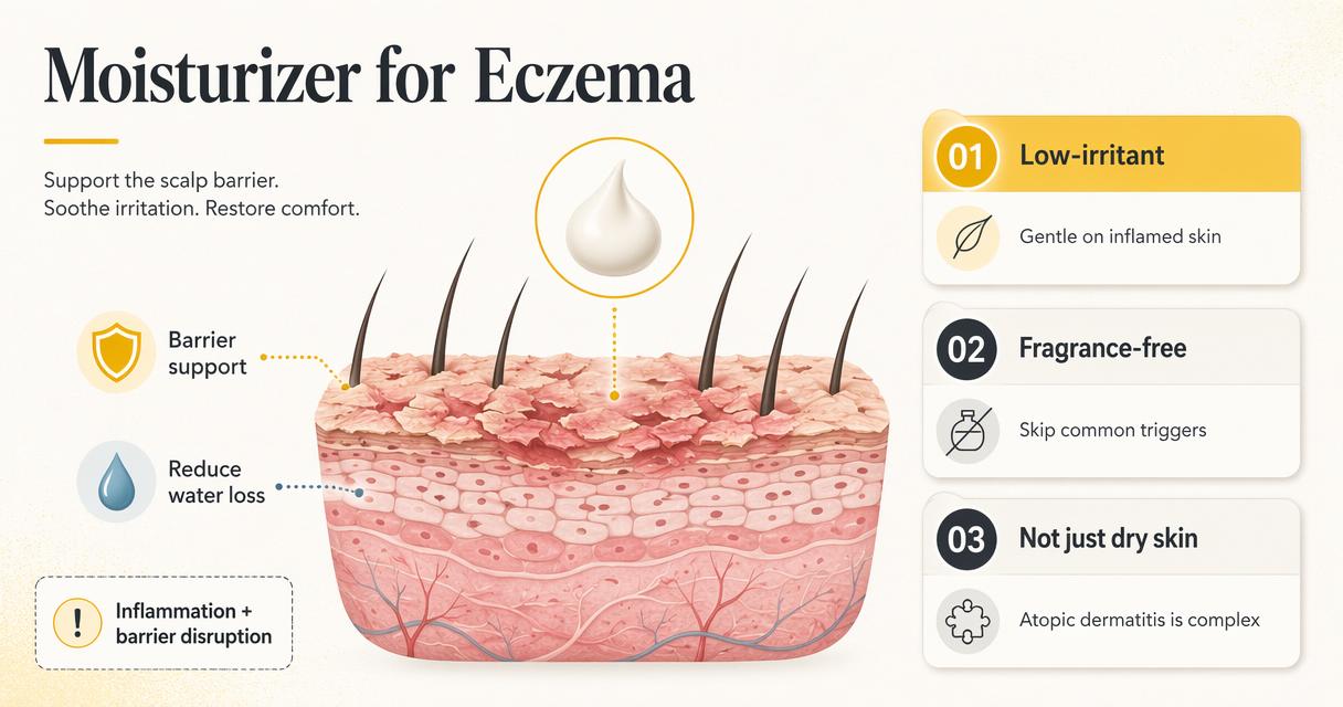 Infographic explaining eczema moisturizers as low-irritant barrier support for inflamed skin.