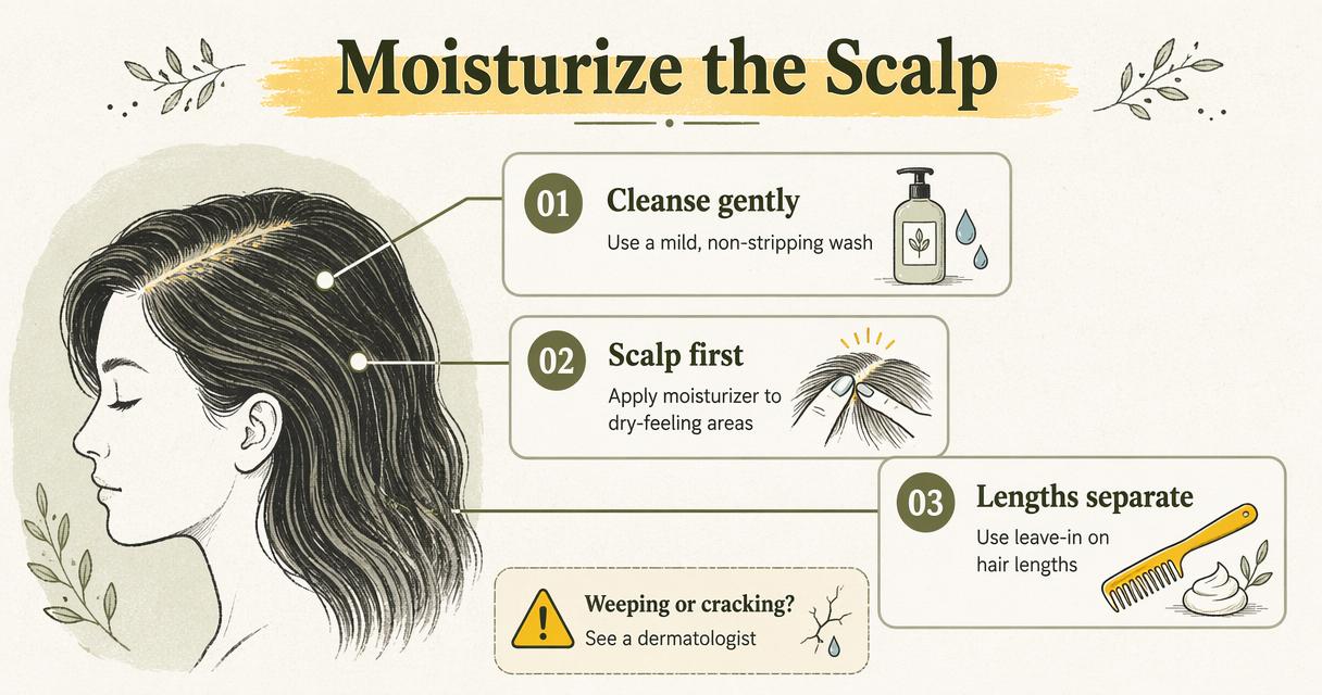 Annotated routine for moisturizing an eczema-prone scalp with cleanser, scalp moisturizer, and leave-in.