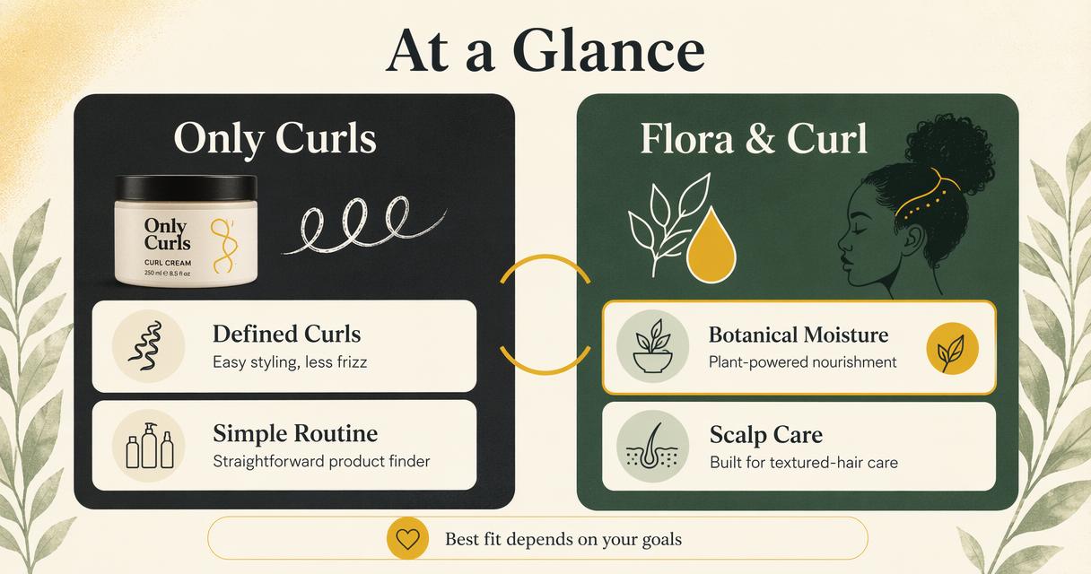 Side-by-side comparison of Only Curls and Flora & Curl for defined curls and botanical care.
