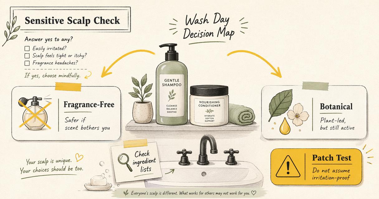 Annotated decision map for fragrance-free and botanical curly hair products on sensitive scalps.