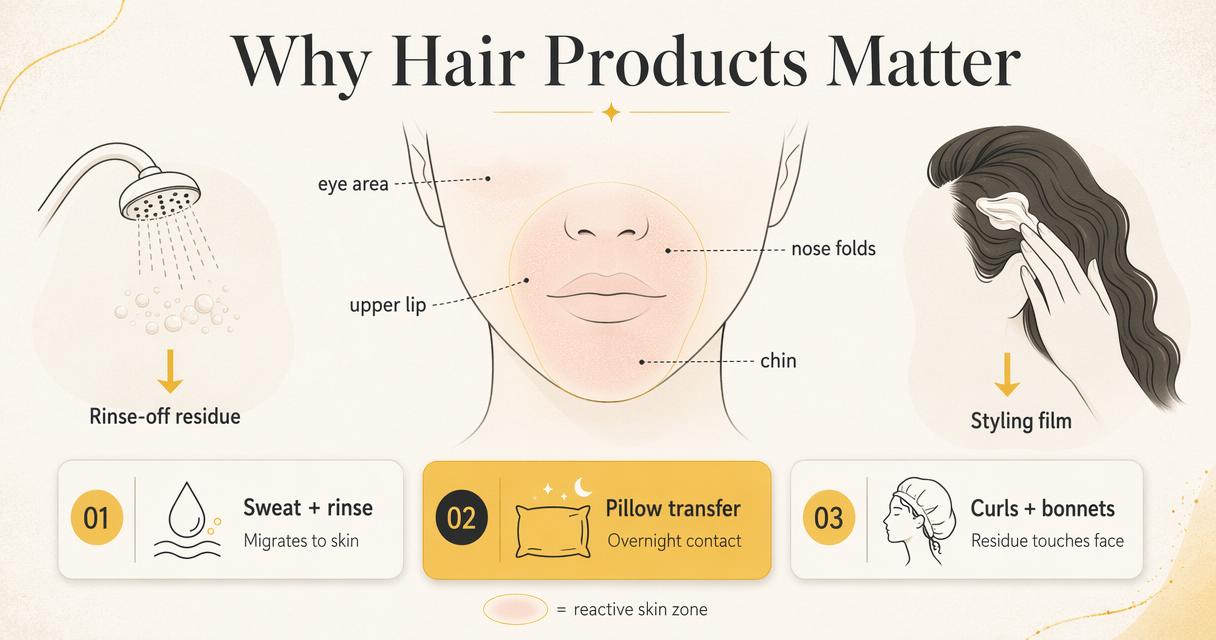 Editorial diagram showing how hair product residue can reach perioral dermatitis zones.