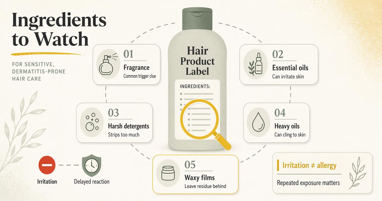 Annotated ingredient map showing fragrance, oils, detergents, and residue concerns for sensitive scalps.