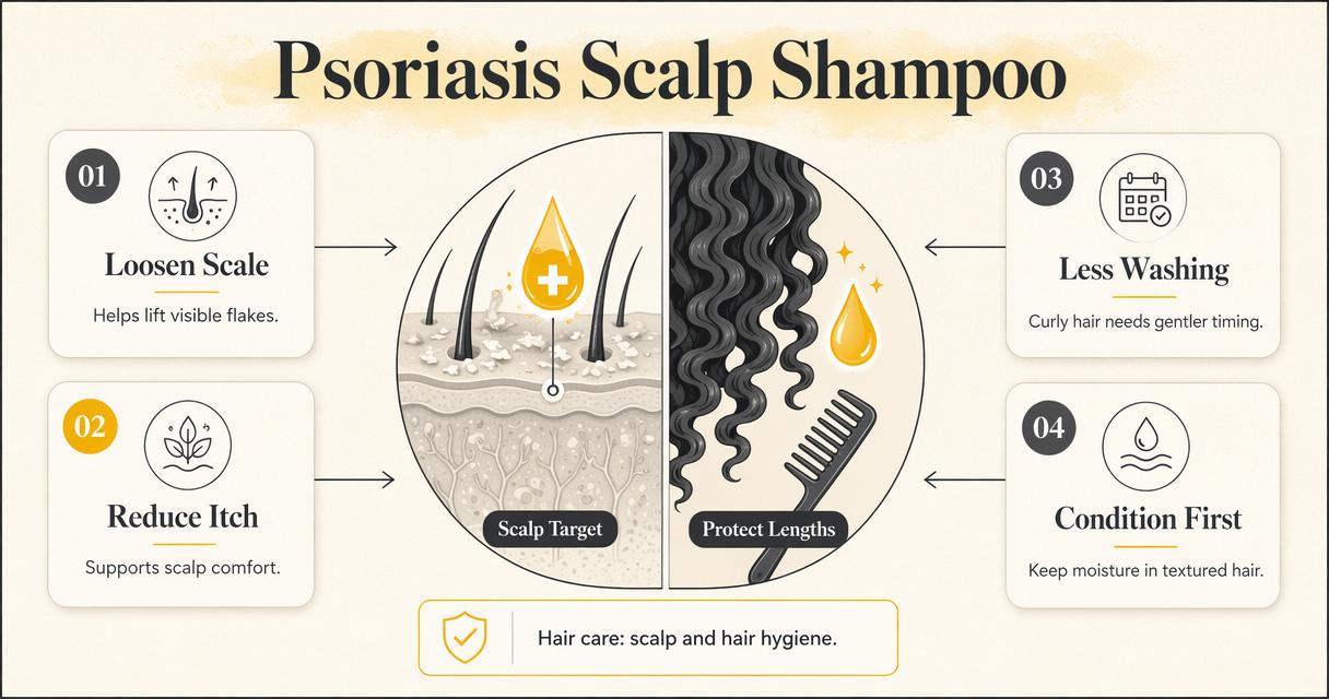 Infographic explaining psoriasis scalp shampoo for curly hair and moisture protection