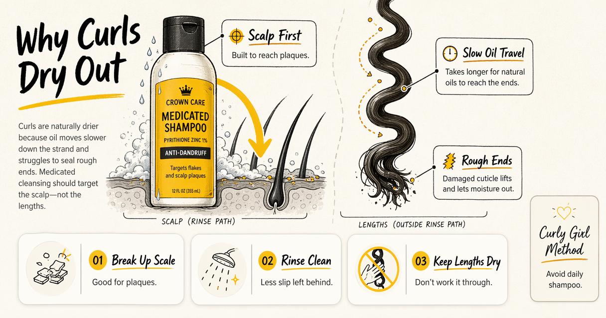 Annotated diagram showing why medicated shampoos can dry curly hair