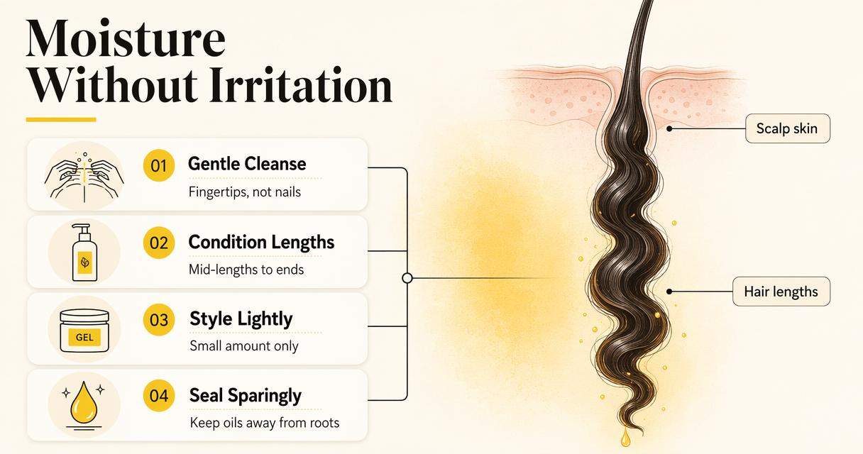 Infographic showing gentle cleansing, conditioning lengths, light styling, and sparing sealing for curly hair and sensitive scalp.