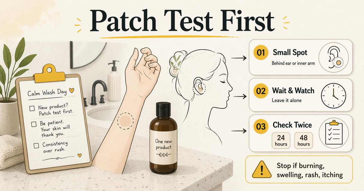 Annotated wash-day patch test diagram showing small-spot testing, waiting, checking at 24 and 48 hours, and warning signs.