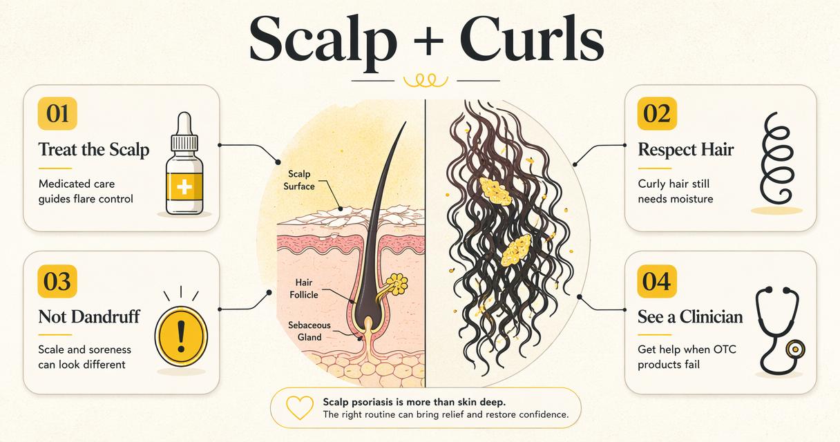 Infographic explaining scalp psoriasis routine, hair follicle care, and clinician-guided treatment.