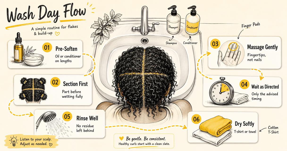 Step-by-step wash day diagram for gently cleansing flakes, rinsing well, and drying curly hair softly.