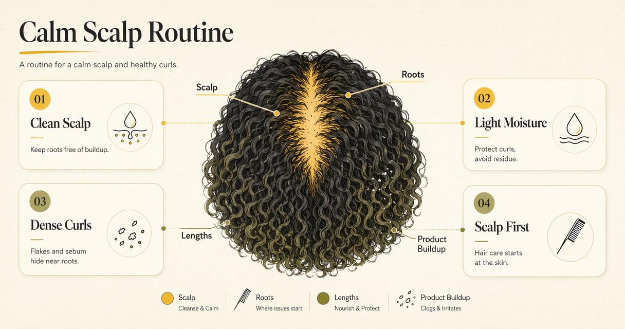 Infographic of a curly hair routine showing scalp-first care and buildup control.