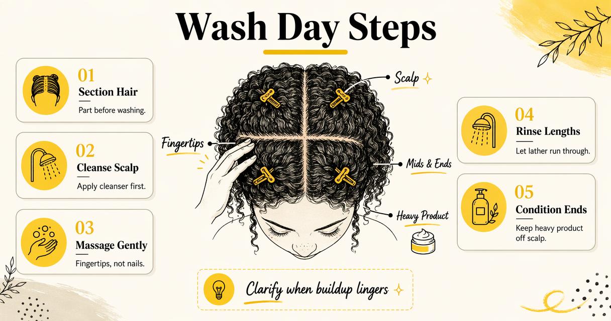 Annotated curly hair wash routine with sectioning, cleansing, gentle massage, and conditioning ends.