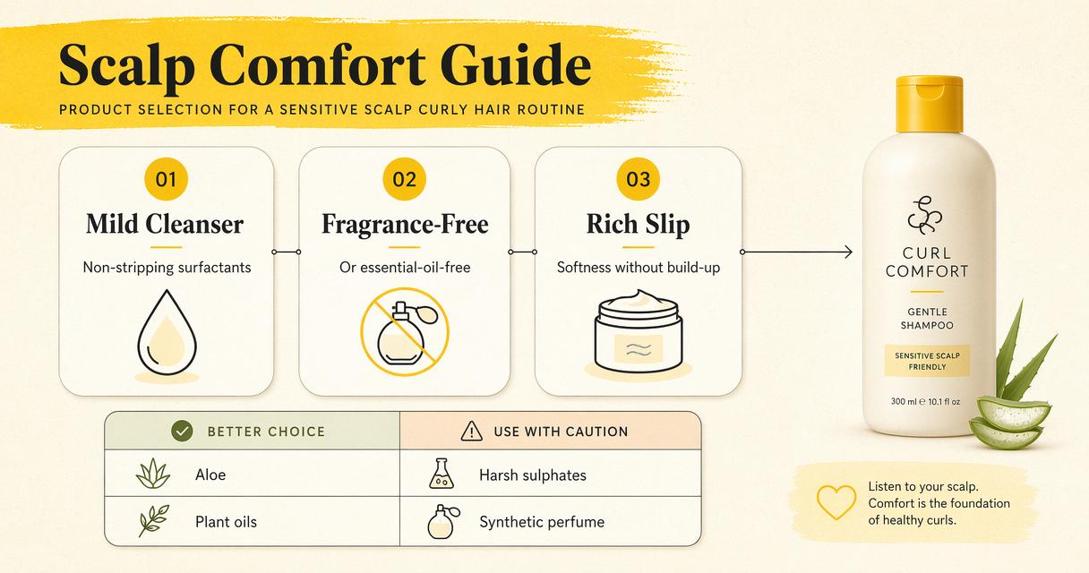 Infographic on choosing sensitive-scalp-friendly products for curly hair wash day.