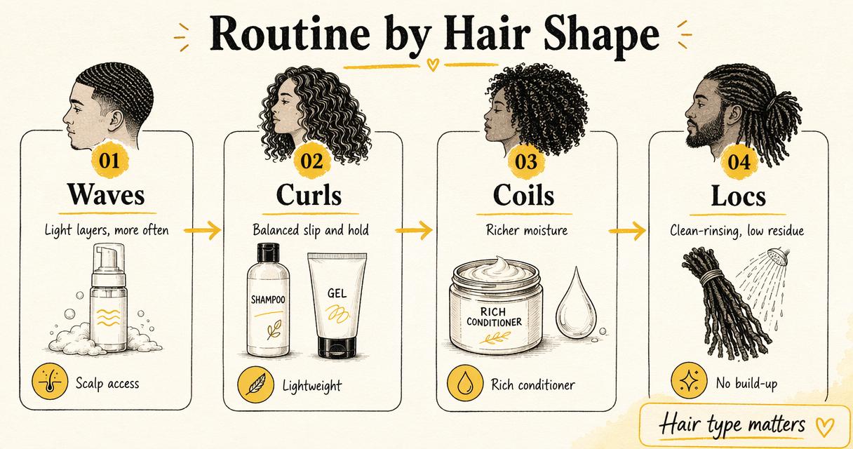 Annotated diagram showing how curly hair routines change for waves, curls, coils, and locs.