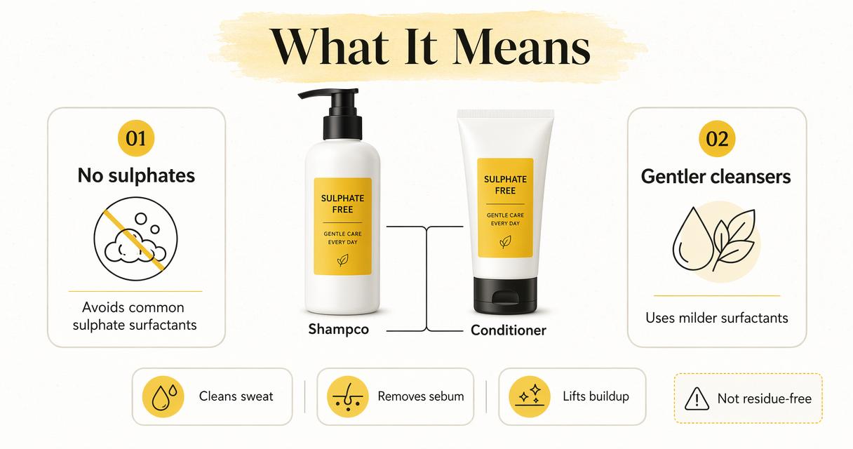 Infographic explaining what sulphate-free shampoo and conditioner means and what it does.