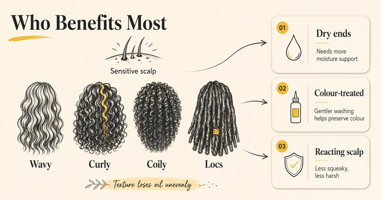 Annotated illustration of hair types and scalp needs that benefit from sulphate-free wash care.