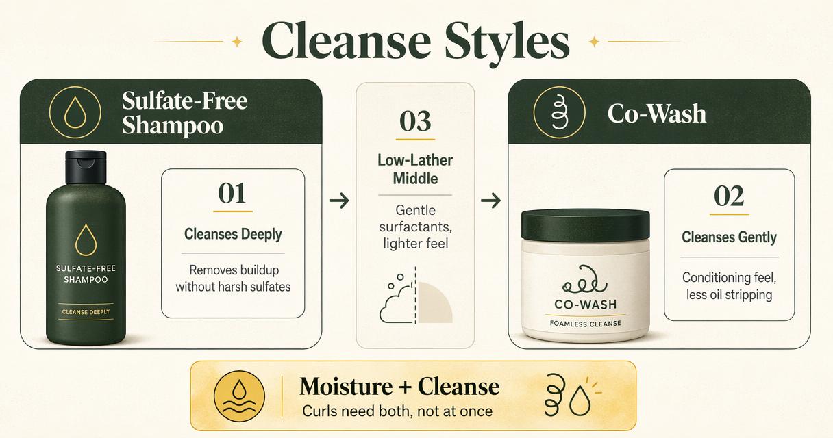 Split infographic comparing sulfate-free shampoo, co-wash, and low-lather cleanser for curly hair.