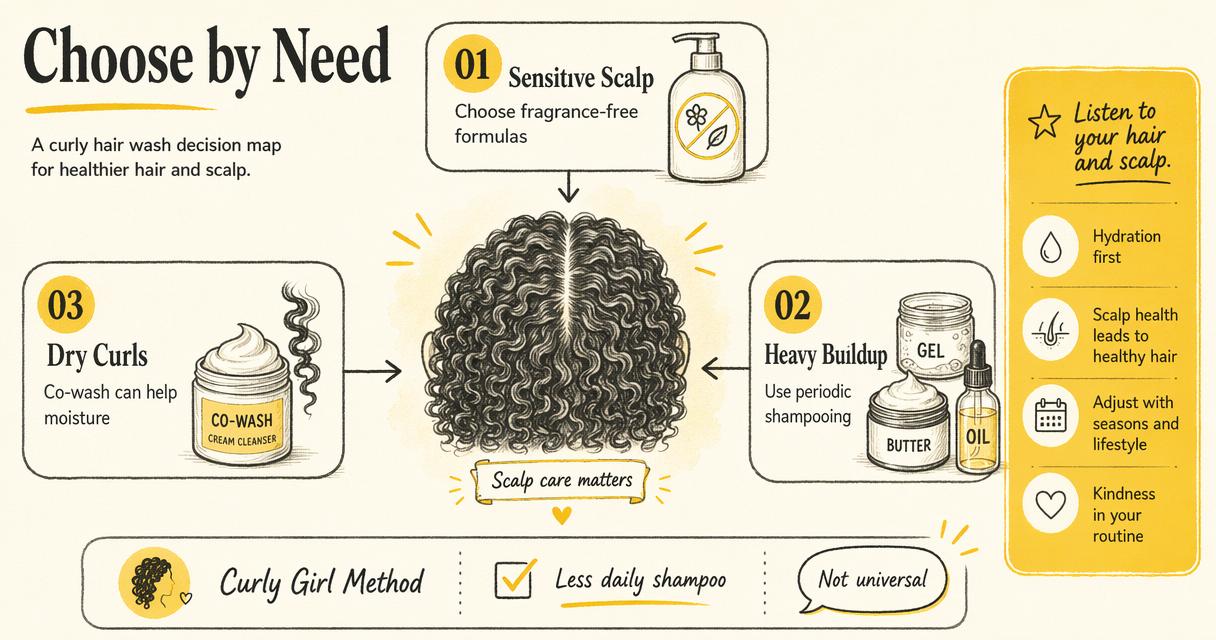 Decision map showing when to choose co-wash or shampoo based on scalp comfort and buildup.