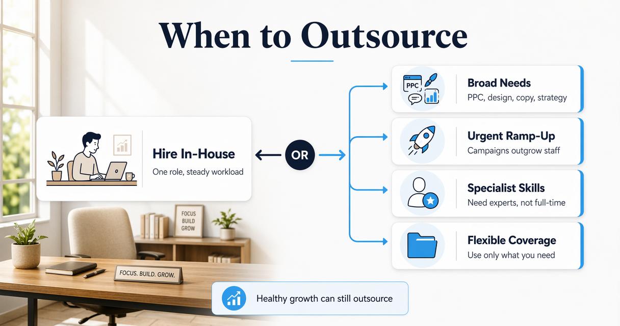 Infographic comparing when small businesses should outsource marketing versus hire in-house.