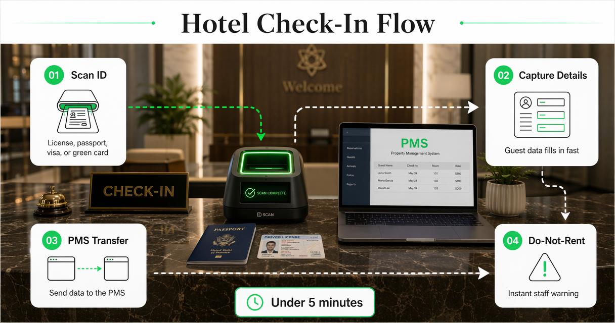 Hotel ID scanning workflow diagram with PMS transfer and Do-Not-Rent alert steps