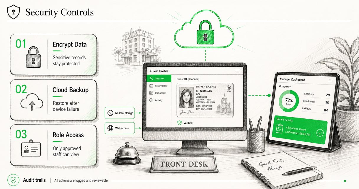 Annotated hotel data security diagram showing encryption, cloud backup, role access, and audit trails