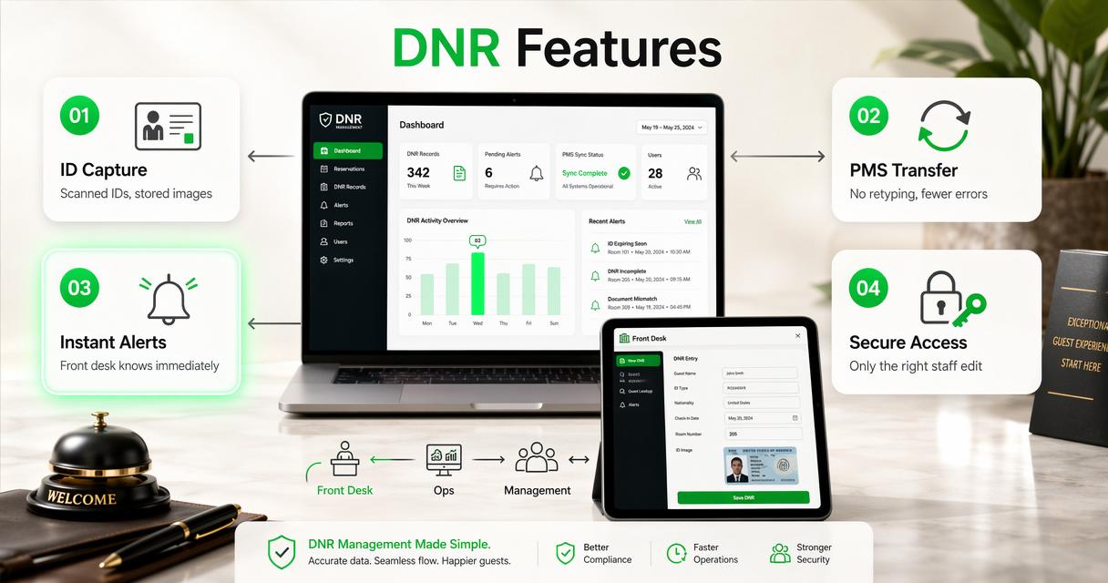 Editorial infographic of core DNR software features with ID capture, PMS transfer, alerts, and secure access.
