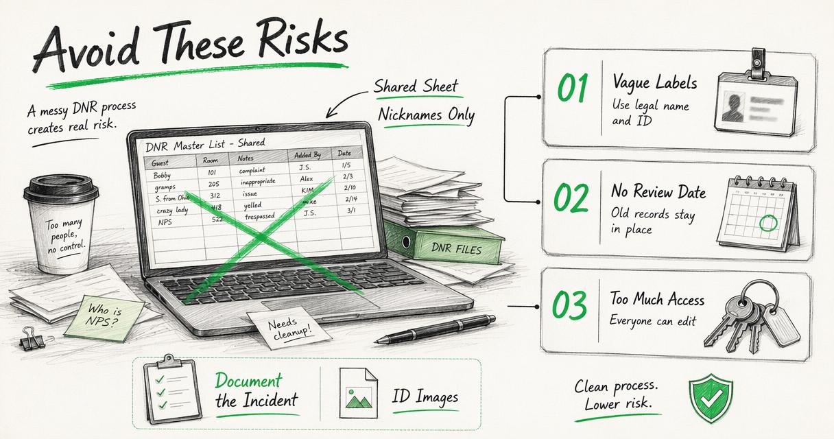 Annotated illustration warning against unmanaged spreadsheets, vague labels, excessive access, and undocumented DNR decisions.