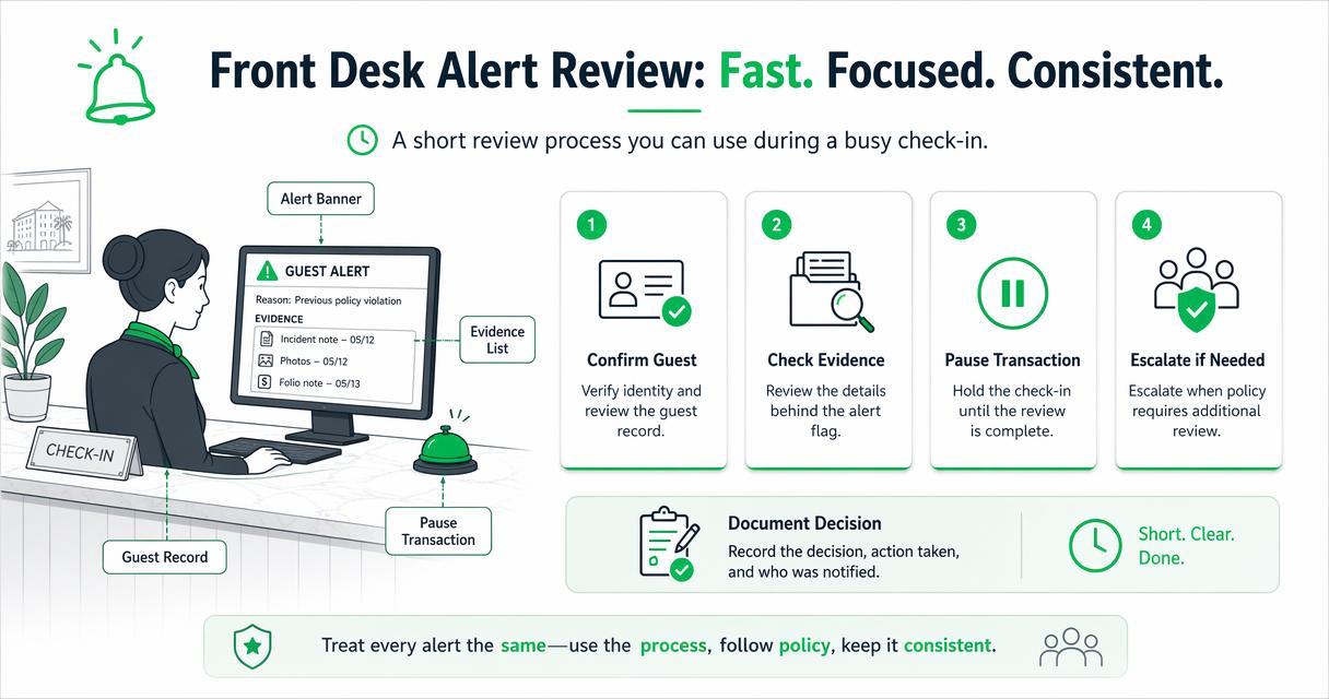 Illustration for How should front desk staff review an alert?