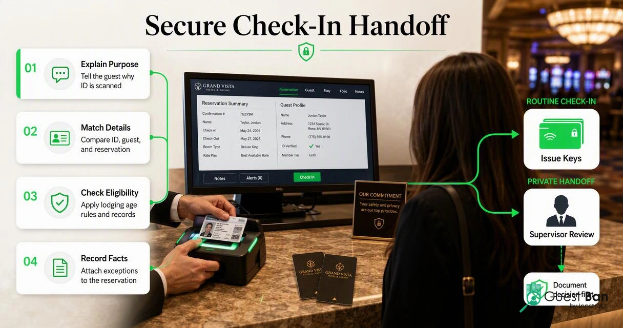 Hotel agent scans guest ID and routes an exception privately to a supervisor before issuing room keys.