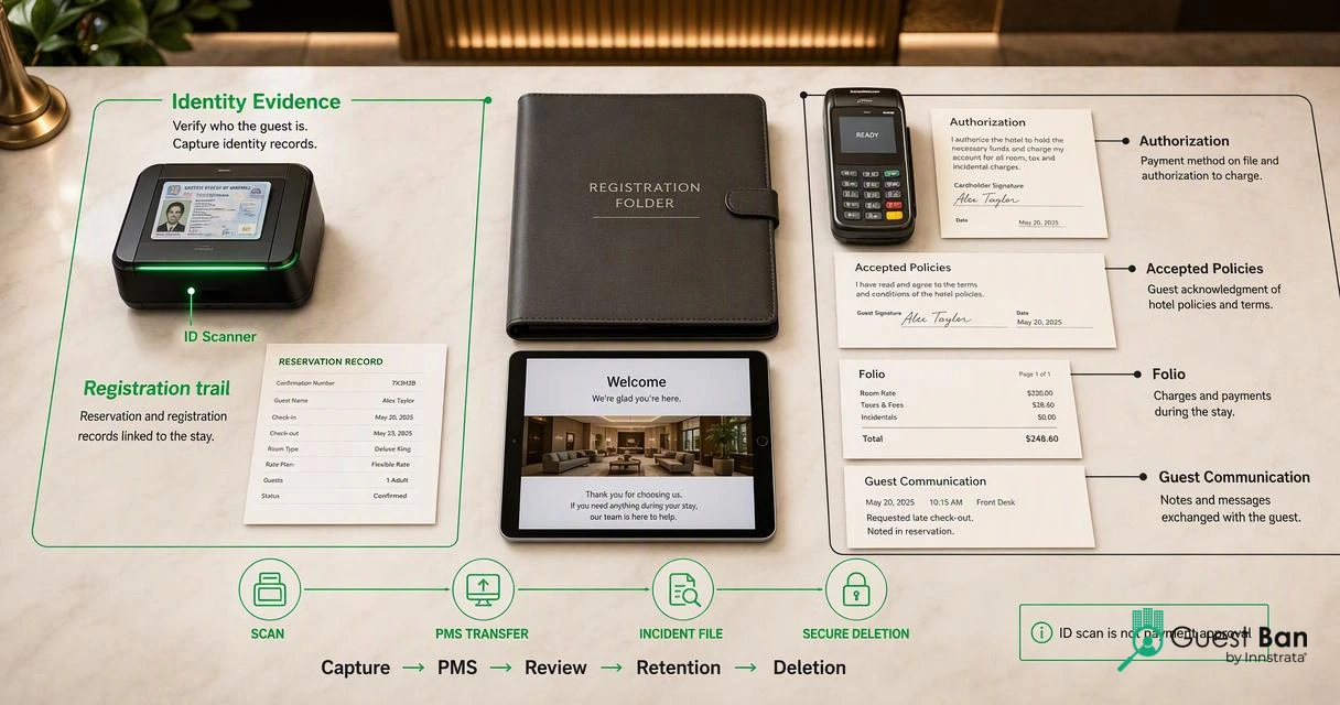 Separate hotel identity evidence from payment authorization and show privacy controls across the record lifecycle.
