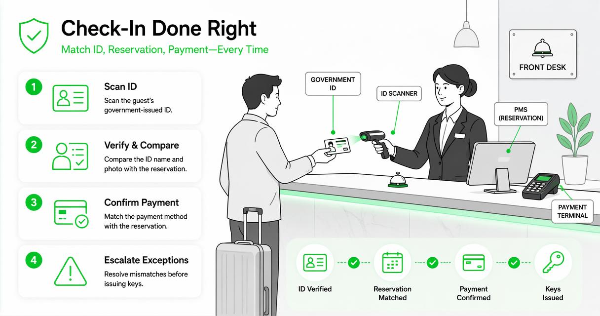 Illustration for How should the front desk match ID, reservation, and payment?