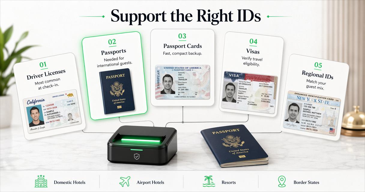 Hotel ID types infographic showing licenses, passports, visas, and regional IDs for front desk check-in.