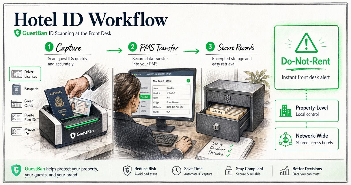 Annotated hotel workflow showing ID capture, PMS transfer, secure records, and Do-Not-Rent alerts.