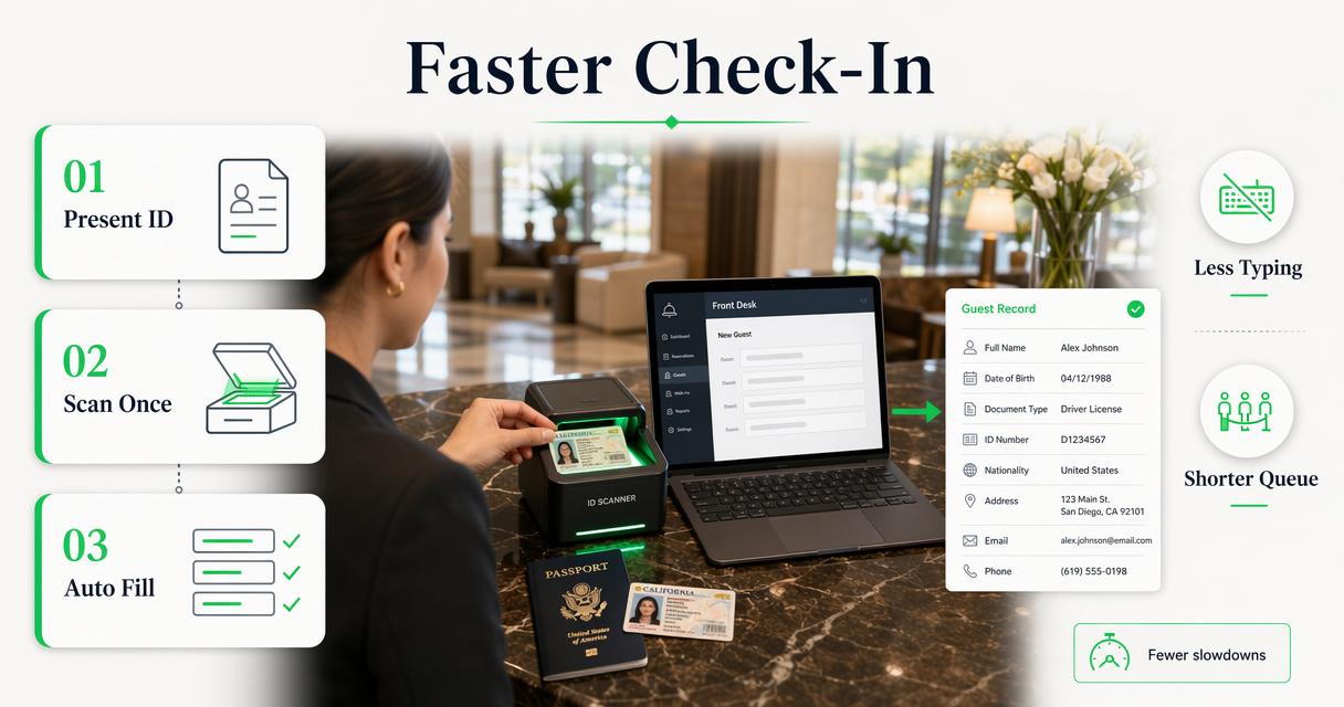 Hotel ID scanner workflow showing faster check-in and shorter queues at the front desk.