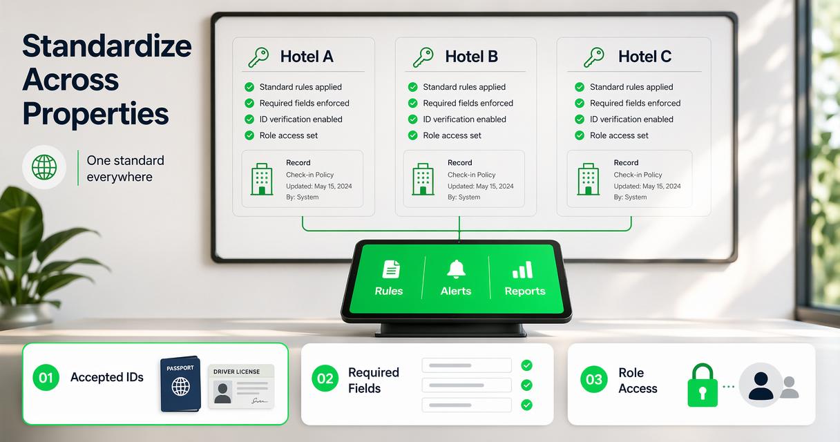 Multi-property hotel ID scanning dashboard showing standardized records, alerts, and access control.