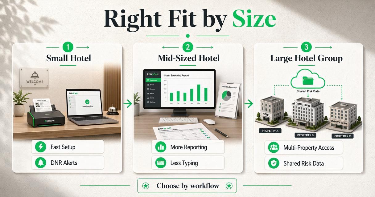 Comparison diagram for small, mid-sized, and large hotels choosing an ID scanning vendor.