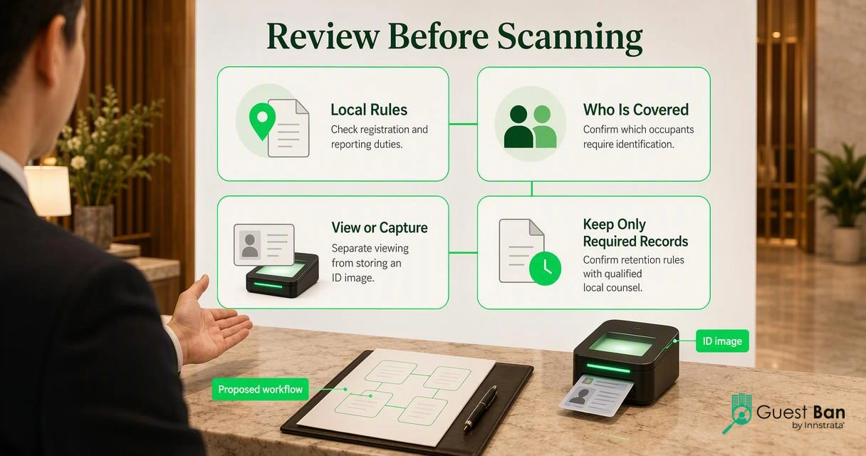 Hotel staff and local counsel review guest ID coverage, scanning, reporting, and retention requirements.