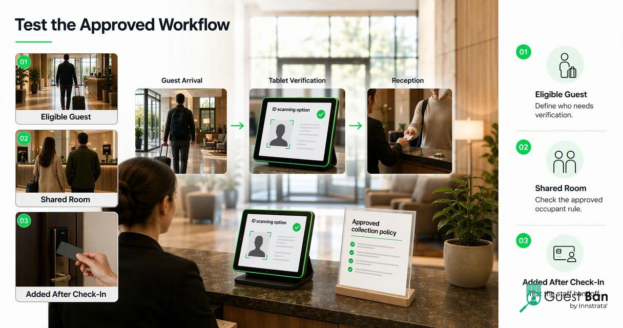 Hotel staff test an approved ID scanning workflow with solo, shared-room, and added-guest scenarios.