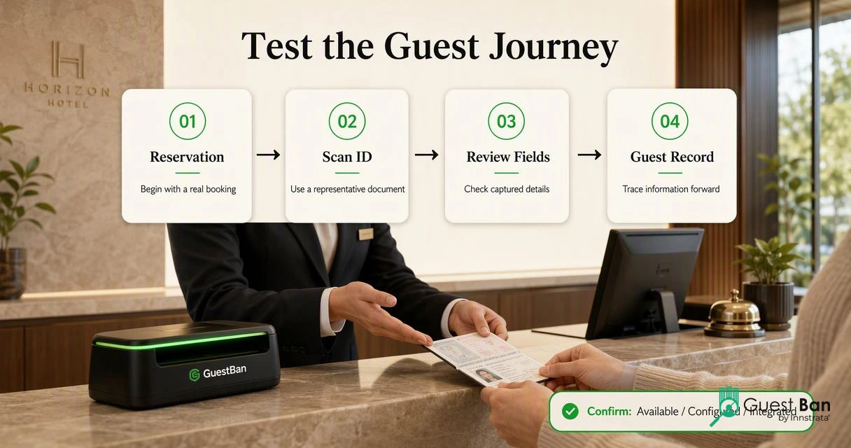 Hotel check-in demonstration showing reservation, ID scan, captured fields, and guest-record handoff.