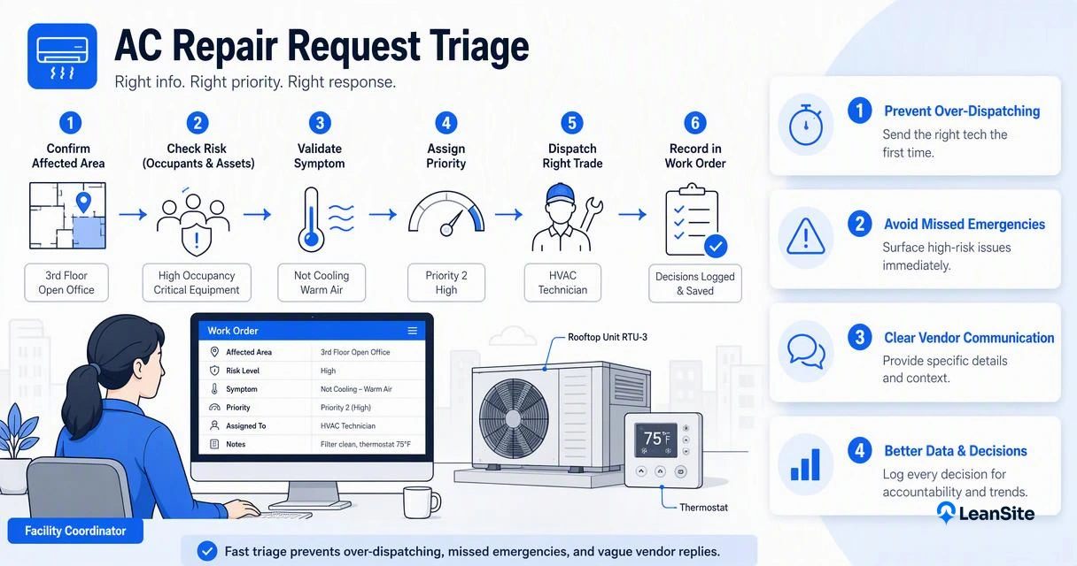 Illustration for How should facility teams triage an AC repair request?