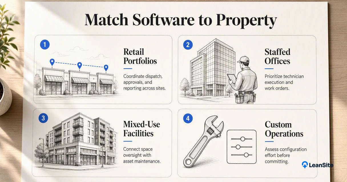 Four property types matched with maintenance software priorities, from retail coordination to custom operations.