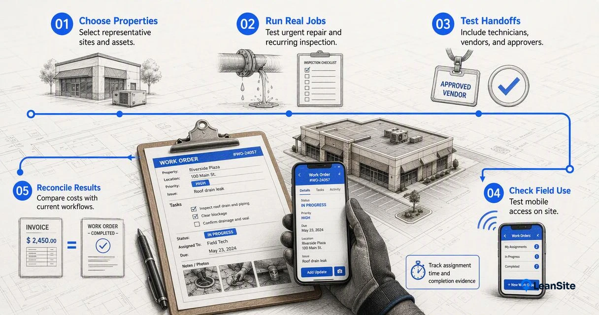 A maintenance software pilot tests real repairs, inspections, vendor approvals, mobile use, and cost reconciliation.
