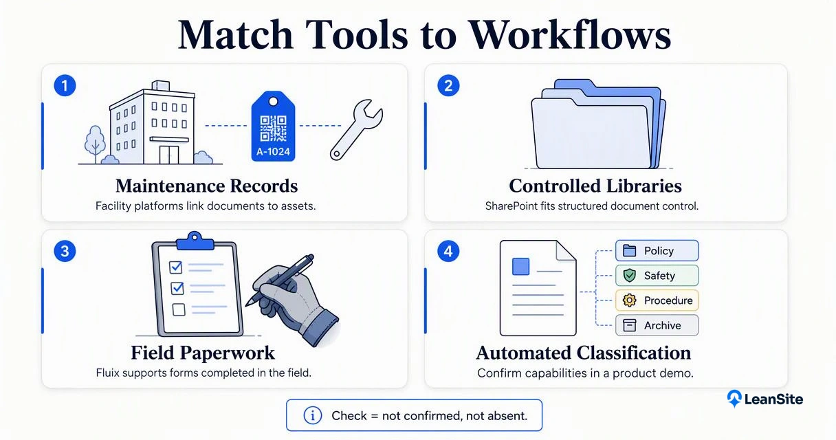 Facility document software workflow matrix comparing maintenance records, controlled libraries, field forms, and classification.