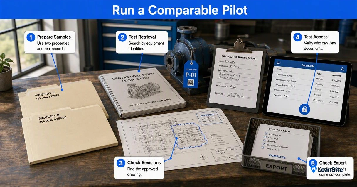 Facility team pilot setup testing real records, equipment lookup, revisions, access controls, and document export.